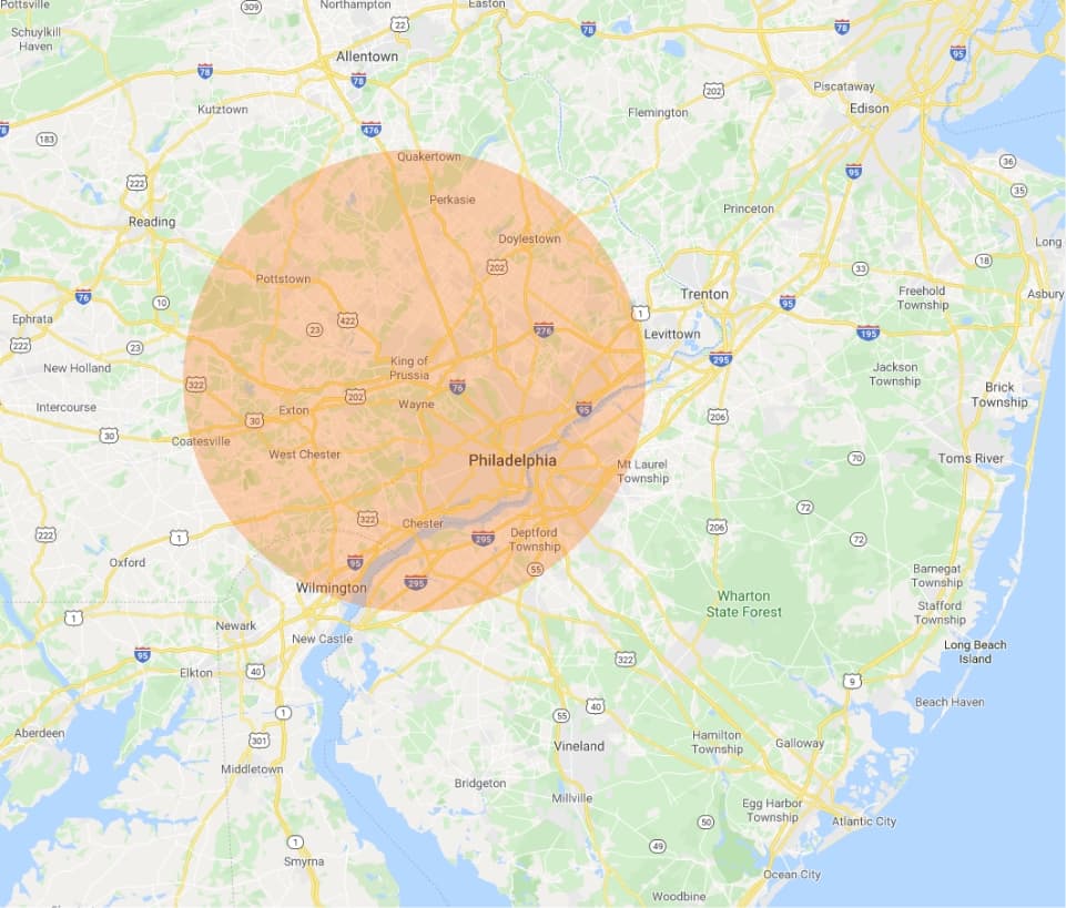 Google Map Image Of Approximate Service Area Coverage Including Pennsylvania and New Jersey.