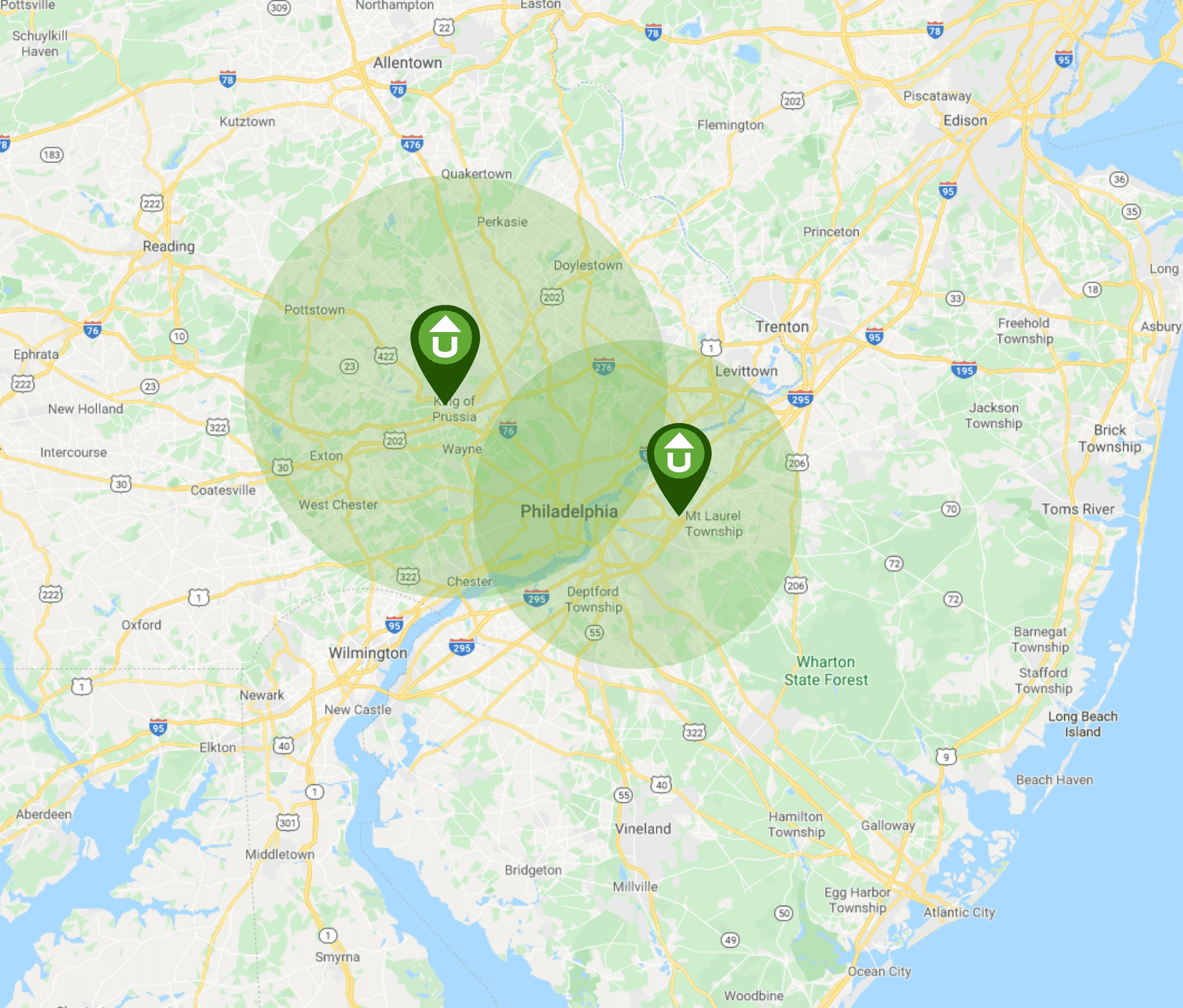Google Map Image Of Approximate Service Area Coverage Including Pennsylvania and New Jersey.
